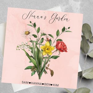 Carte de bouquet de fleurs de naissance personnalisée, jardin de grand-mère, grand-mère, jardin de maman, bouquet de fleurs de naissance personnalisé pour la fête des mères, cartes d'anniversaire