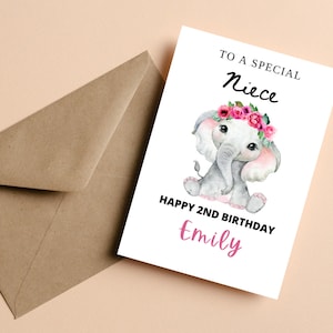 Carte personnalisée de 2e anniversaire de nièce, carte d’anniversaire personnalisée pour nièce, carte d’anniversaire d’éléphant mignon, carte de joyeux anniversaire pour nièce filles