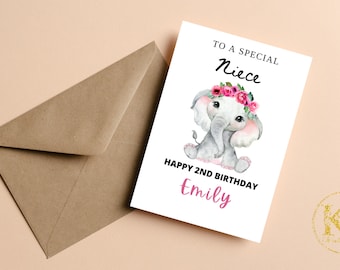 Personalized Niece 2nd Birthday Card, Personalised Birthday Card For Niece, Cute Elephant Birthday Card, Happy Birthday Card For Niece Girls