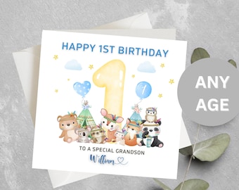 Personalised Grandson 1st Birthday Card, To A Special Grandson 1st Birthday, Grandson 1st Birthday Card, Grandson Woodland Birthday Party
