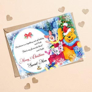 Citation de Noël Winnie l’ourson et porcelet, carte de Noël Winnie l’ourson pour une carte spéciale maman, carte de Noël sentimentale pour une maman