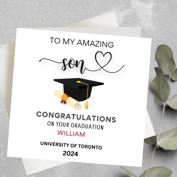 Personalised Son Graduation Card With Cap and Scroll,  University Graduation Card For Son, Grandson, Class of 2024 Graduation Card For Son