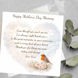 Op de afbeelding: Een Moederdagkaart met de tekst "Happy Mother's Day Mommy". De kaart toont een aquarel hart, een kleine vogel en een bloemstuk. De kaart bevat een oprechte boodschap en is ondertekend met "Love, Kevin."
