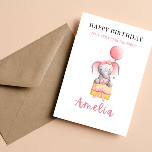Carte d'anniversaire personnalisée de nièce, carte d'anniversaire personnalisée pour nièce, carte d'anniversaire mignonne d'éléphant, carte de joyeux anniversaire pour des filles de nièce