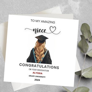 Carte de remise de diplôme personnalisée nièce avec casquette, Carte de remise de diplôme universitaire pour nièce personnalisée, Carte de finissant de la promotion 2024 pour nièce, fille, elle