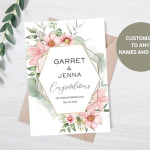 Carte de mariage personnalisée, Carte de félicitations pour le jour du mariage, Carte de mariage, Carte de félicitations de mariage, Carte de mariage floral corail