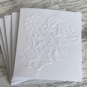 Embossed White Floral NoteCards (set of 5), Embossed Note Cards All Occasions, Embossed Notecards Blank Inside, Floral Embossed blank card