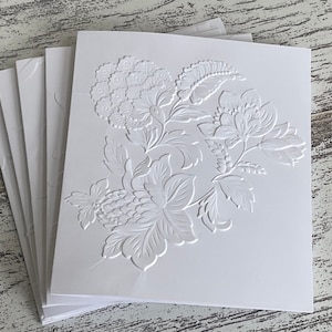 Embossed White Floral NoteCards (set of 6), Embossed Note Cards All Occasions, Embossed Notecards Blank Inside, Floral Embossed blank card