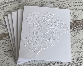 Embossed White Floral NoteCards (set of 5), Embossed Note Cards All Occasions, Embossed Notecards Blank Inside, Floral Embossed blank card