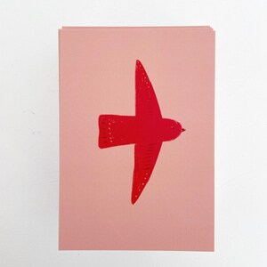Postkarte Kreide Vogel rot rosa