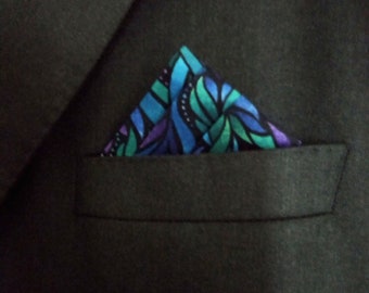 Pre-folded Pocket Square in Stained Glass Print Blue Green Purple and Black
