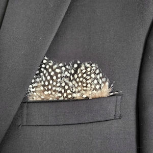 May include: A black suit jacket with a pocket square made of spotted feathers.