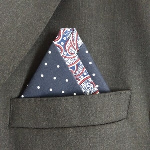 Pre-folded Pocket Square in Navy Pok-a-dot and Red White and Blue Paisley Print