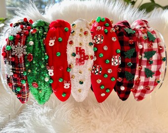 Christmas Knotted Headbands, Beaded Holiday Headbands, Holiday Headbands, Padded Knot Headband Christmas Hair Accessories