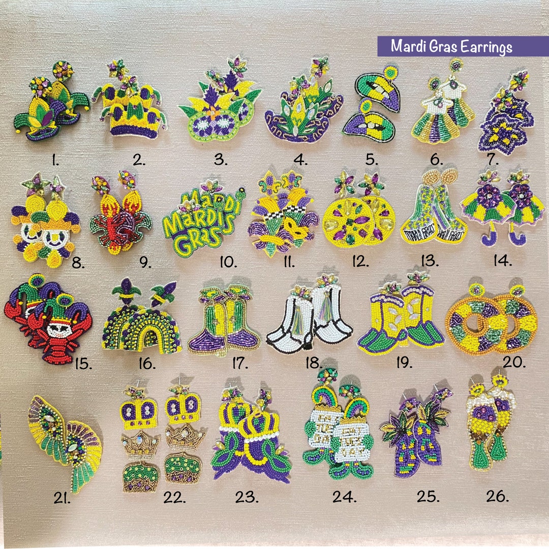 Mardi Gras Seed Bead Earrings, New Orleans Mardi Gras Holiday, Fleur De