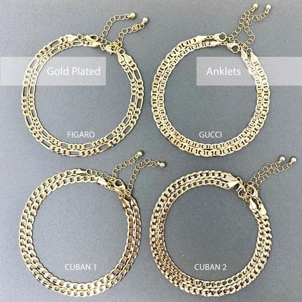 14k Vergoldetes dickes Fußkettchen, Figaro, Kubaner, Gucci, Seil, Herringbone Gold Fußkettchen, Gold Fußkettchen, Vergoldete Fußkettchen