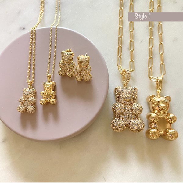 Collier ours en peluche, boucles d'oreilles ours, collier en plaqué or 18 carats, boucles d'oreilles en argent, collier ours délicat, joli collier avec pendentif