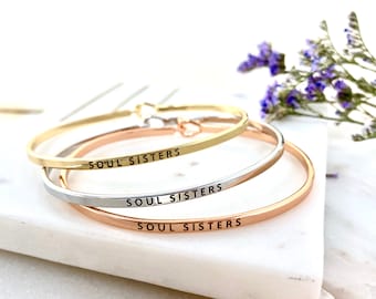 Inspirational Bracelet,SOUL SISTERS,Cuff Bracelet, Message Bracelet, Stamped Bracelet, Engraved, Friend, Family, Jewelry, Gift bangle