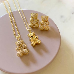 Teddy Bear Necklace, Bear Earrings, 14K Gold Dipped Plated Chain, Silver Plated Necklace, Silver Post Earrings, Dainty Bear Necklace, Cute