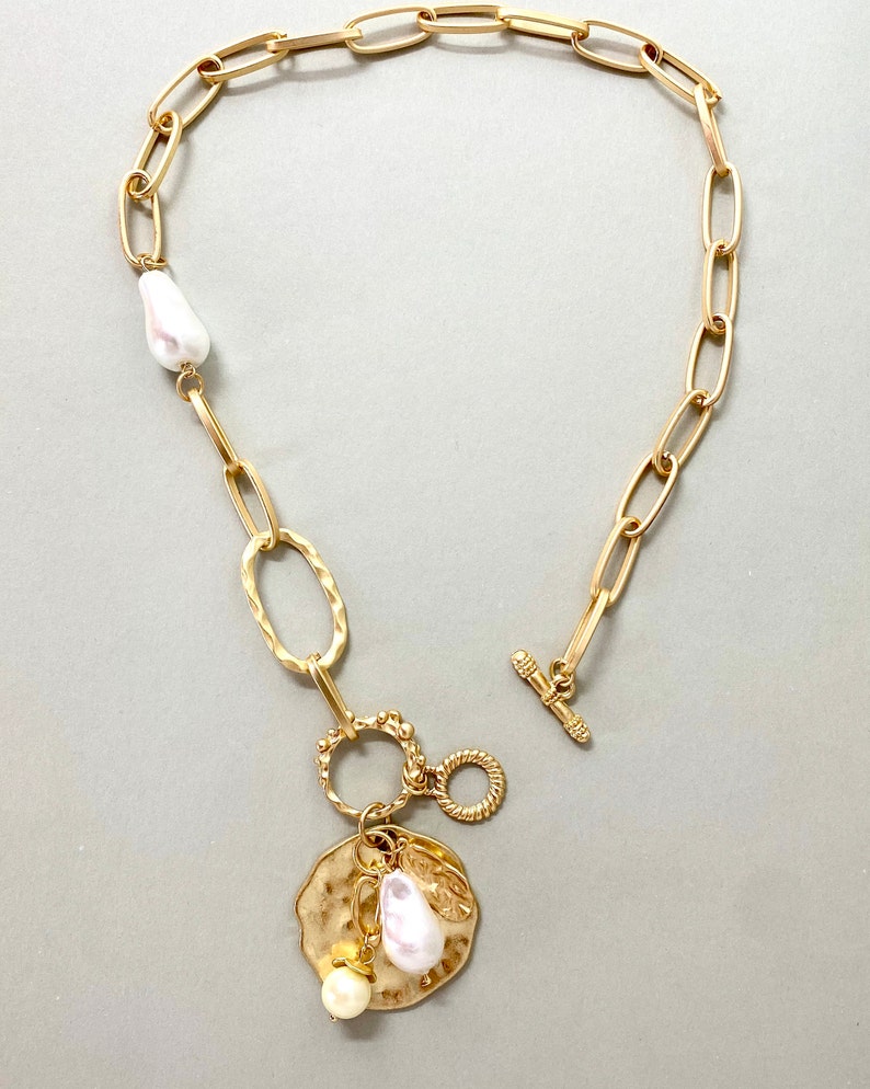 Gold Link Chain Necklace Freshwater Pearl With Gold Etsy