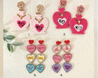 Pendientes colgantes de cuentas con forma de corazón de caramelo hechos a mano, regalo de San Valentín.
