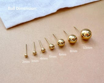 18K Gold gefüllte zierliche Kugel Ohrstecker, 2 mm - 12 mm verschiedene Größe goldene Bolzen, Schmuck für den Alltag