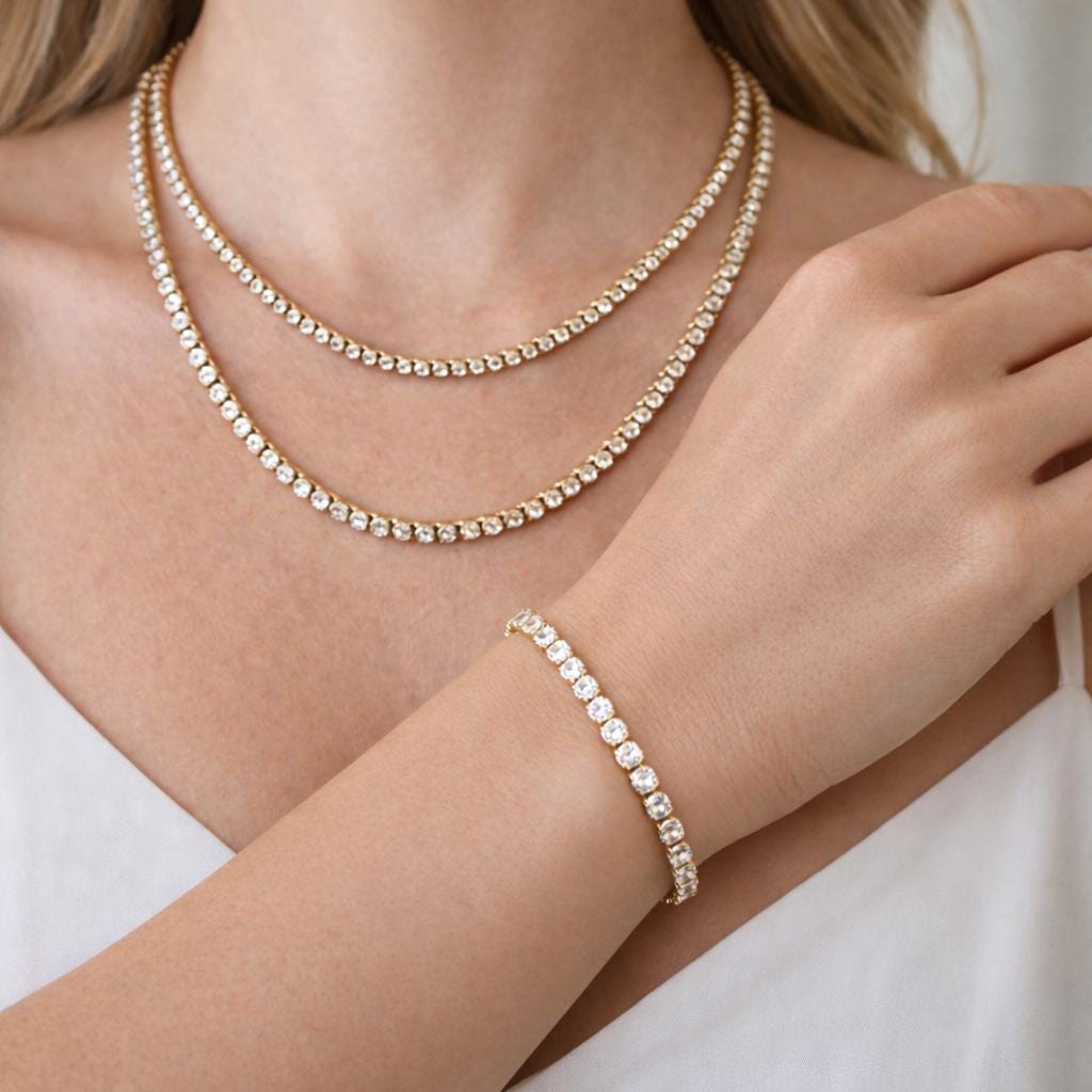 18K Gold Plated Stainless Steel CZ 4mm 1 Row Tennis Necklace ANTI TARNISH 24 in