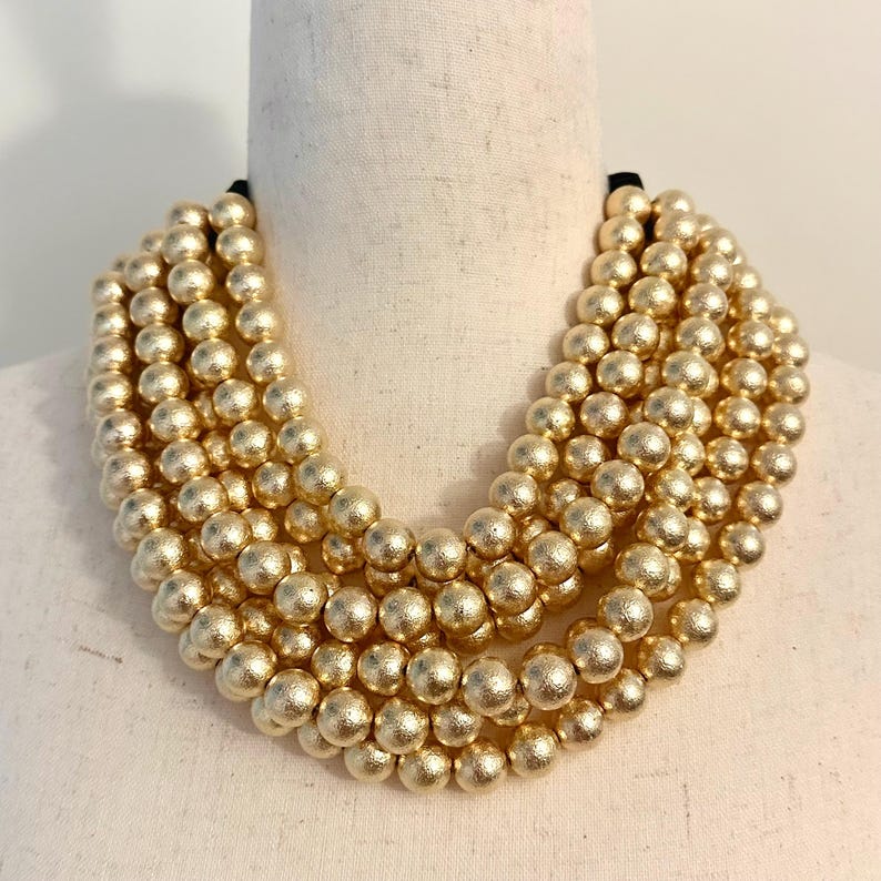 Brushed Gold Ball Statement Necklace: 7-Layer Magnetic Closure image 4
