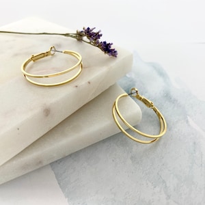 Double hoop earrings, Geometric double hoops earrings, Thin Minimalist Circle Earrings, Gold hoop earrings,Gold Dipped Earrings,