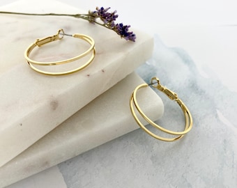 Double hoop earrings, Geometric double hoops earrings, Thin Minimalist Circle Earrings, Gold hoop earrings,Gold Dipped Earrings,