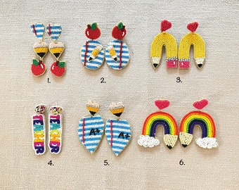 Back to School Beaded Earrings, Teacher Appreciation Gifts, Teacher Earrings, School Earrings ,Pencils,A+, Apples Dangles Earrings