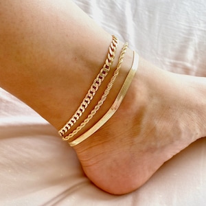 14K Gold Plated thick Anklet, Cuban, Rope,Herringbone Gold Chain Anklet, Figaro Chain Ankle Bracelet, Dainty Anklet , Gold Anklet