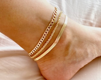14K Gold Plated thick Anklet, Cuban, Rope,Herringbone Gold Chain Anklet, Figaro Chain Ankle Bracelet, Dainty Anklet , Gold Anklet