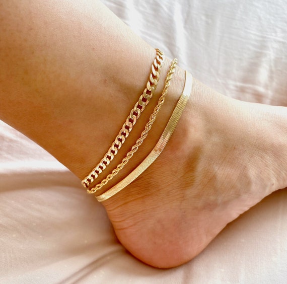 Dainty 14k Gold Adjustable Ankle Bracelets- 6mm Cuban – kissyanjewelry