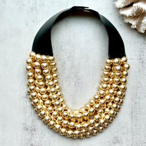 Brushed Gold Ball Statement Necklace: 7-Layer Magnetic Closure Gold/Black