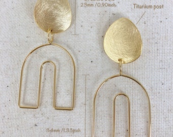 Brushed Gold Geometric Earrings: Titanium Post, Brass Dangles