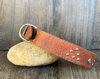 Leather Dog Collar - Triangle and Gems - Nickel and Teal Crystal