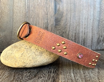 Leather Dog Collar - Triangle and Gems - Antique Brass and Pink Crystal