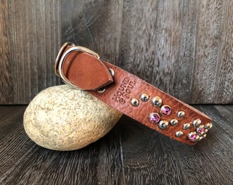 Leather Dog Collar Swirl - Rose Crystals - Nickel - Tan Leather