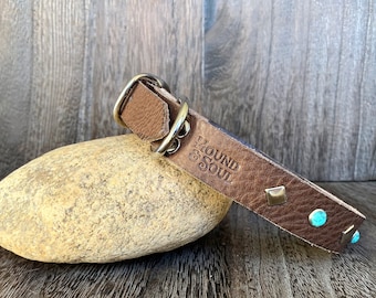 Leather Dog Collar - Turquoise and Nickel