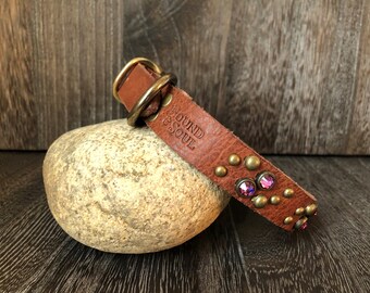Leather Dog Collar Swirl - Antique Brass - Rose Crystals with Tan Leather