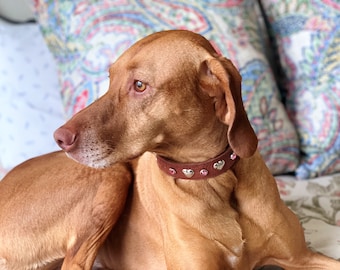Leather Collar - Hearts and Pink Gems - Nickel with Chocolate Leather
