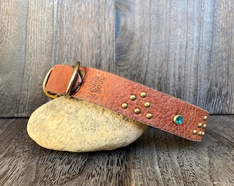Leather Dog Collar - Triangle and Gems - Antique Brass and Teal Crystal