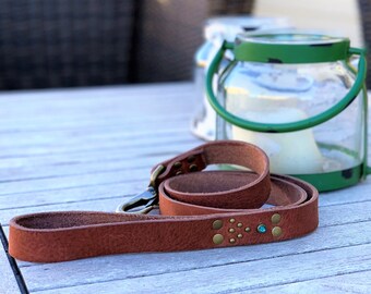 Leather Handmade Dog Leash with Antique Brass and Teal Crystal Embellishment