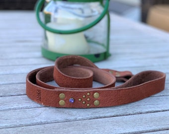 Leather Handmade Dog Leash with Antique Brass and Purple Crystal Embellishment