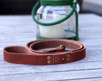 Leather Handmade Dog Leash with Antique Brass and Rose Crystal Embellishment