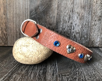 Leather Collar - Hearts and Blue Gems - Nickel with Tan Leather