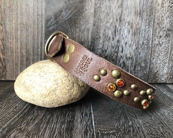 Leather Dog Collar Swirl - Antique Brass - Amber Crystals with Chocolate Leather