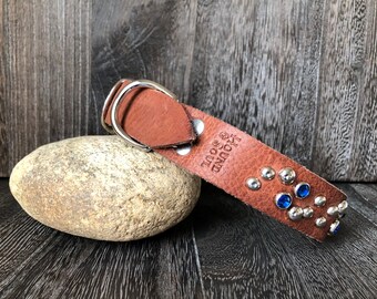 Leather Dog Collar Swirl - Blue Crystals - Nickel - Tan Leather