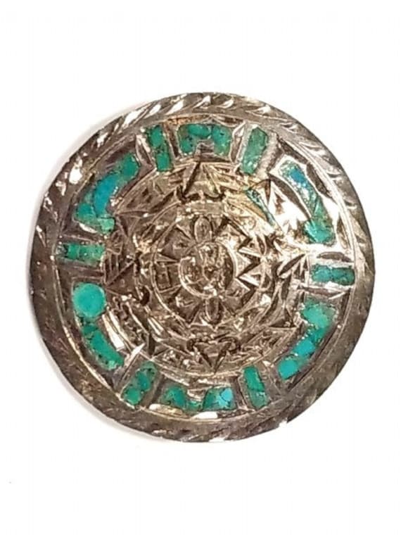 AZTEC inspired Mexican brooch, sterling & turquois